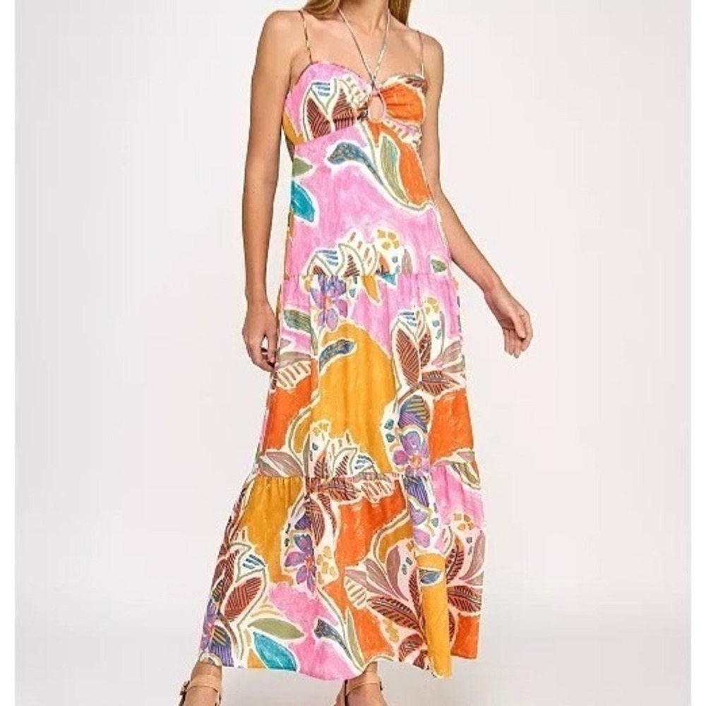 Beauty & Grace Printed Sweetheart Maxi Multi Strappy Dress Juniors Size XL NWT